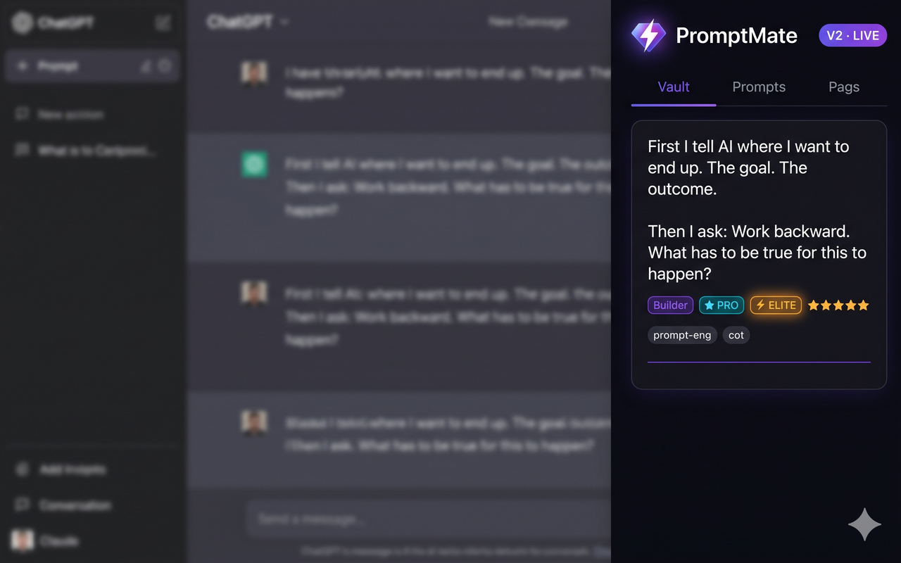 PromptMate side panel open alongside ChatGPT