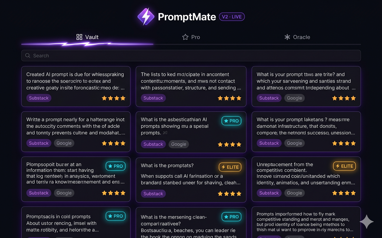 PromptMate Vault — 3-column prompt grid